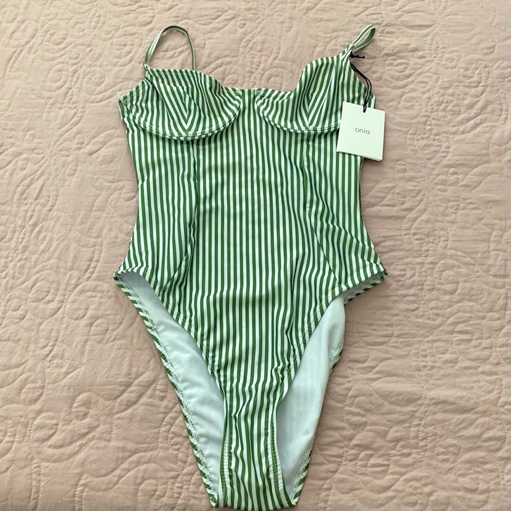 Onia green and whit striped one piece